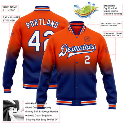 Custom Orange White-Royal Bomber Full-Snap Varsity Letterman Fade Fashion Jacket