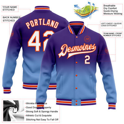 Custom Purple White Light Blue-Orange Bomber Full-Snap Varsity Letterman Fade Fashion Jacket