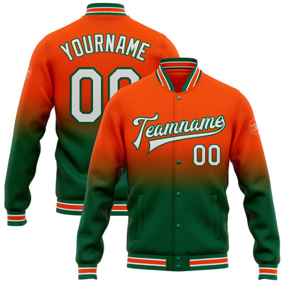 Custom Orange White-Kelly Green Bomber Full-Snap Varsity Letterman Fade Fashion Jacket