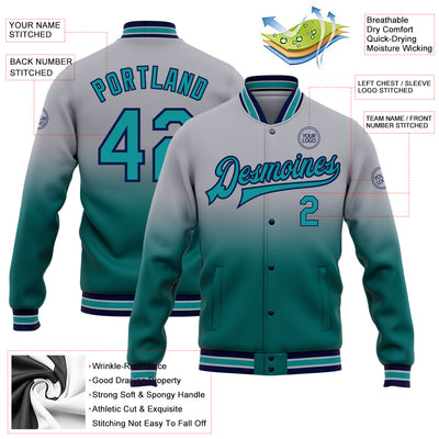 Custom Gray Teal-Navy Bomber Full-Snap Varsity Letterman Fade Fashion Jacket