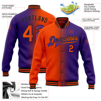 Custom Purple Orange-Black Bomber Full-Snap Varsity Letterman Gradient Fashion Jacket