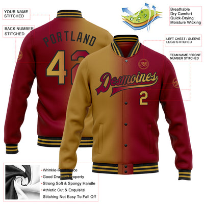 Custom Maroon Old Gold-Black Bomber Full-Snap Varsity Letterman Gradient Fashion Jacket