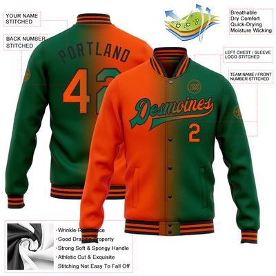 Custom Kelly Green Orange-Black Bomber Full-Snap Varsity Letterman Gradient Fashion Jacket