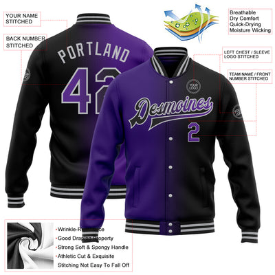 Custom Black Purple-Gray Bomber Full-Snap Varsity Letterman Gradient Fashion Jacket