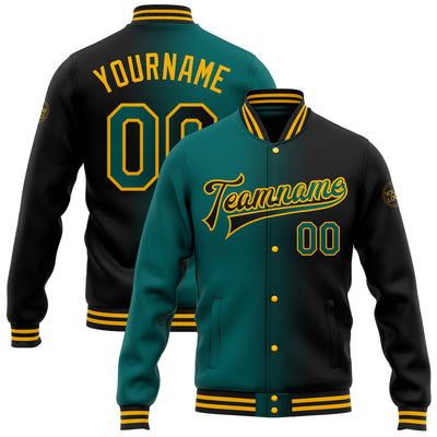 Custom Black Teal-Gold Bomber Full-Snap Varsity Letterman Gradient Fashion Jacket