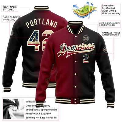 Custom Black Vintage USA Flag Crimson-Cream Bomber Full-Snap Varsity Letterman Gradient Fashion Jacket