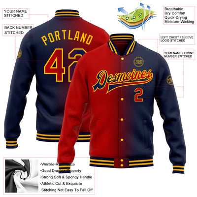 Custom Navy Red-Gold Bomber Full-Snap Varsity Letterman Gradient Fashion Jacket