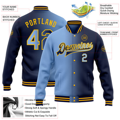 Custom Navy Light Blue-Gold Bomber Full-Snap Varsity Letterman Gradient Fashion Jacket