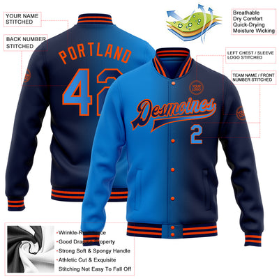 Custom Navy Powder Blue-Orange Bomber Full-Snap Varsity Letterman Gradient Fashion Jacket