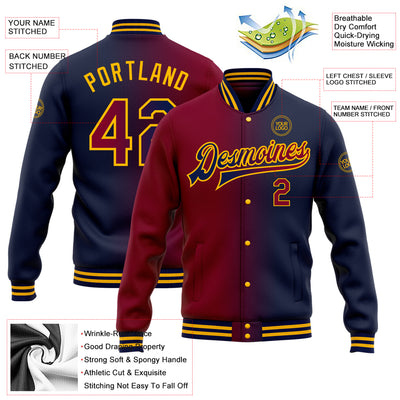 Custom Navy Maroon-Gold Bomber Full-Snap Varsity Letterman Gradient Fashion Jacket