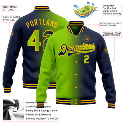 Custom Navy Neon Green-Gold Bomber Full-Snap Varsity Letterman Gradient Fashion Jacket