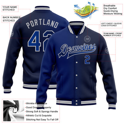 Custom Navy Royal-Gray Bomber Full-Snap Varsity Letterman Gradient Fashion Jacket