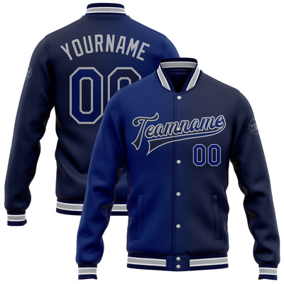 Custom Navy Royal-Gray Bomber Full-Snap Varsity Letterman Gradient Fashion Jacket