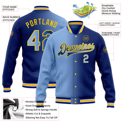 Custom Royal Light Blue-Yellow Bomber Full-Snap Varsity Letterman Gradient Fashion Jacket