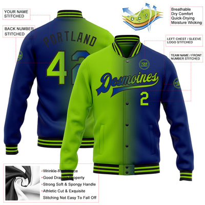 Custom Royal Neon Green-Black Bomber Full-Snap Varsity Letterman Gradient Fashion Jacket