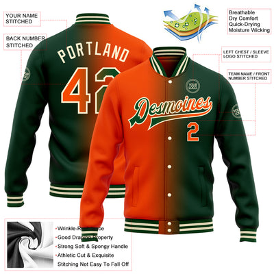 Custom Green Orange-Cream Bomber Full-Snap Varsity Letterman Gradient Fashion Jacket