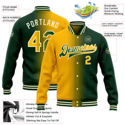 Custom Green Gold-Cream Bomber Full-Snap Varsity Letterman Gradient Fashion Jacket