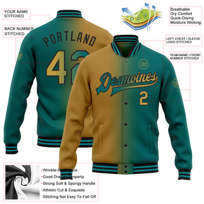 Custom Teal Old Gold-Black Bomber Full-Snap Varsity Letterman Gradient Fashion Jacket