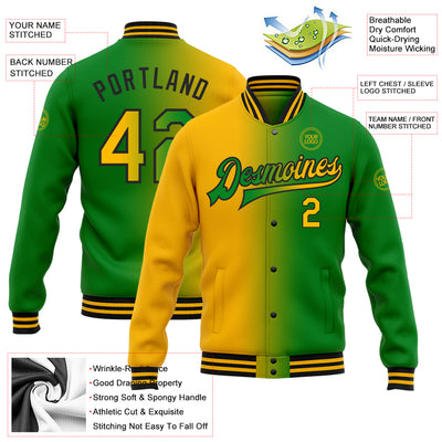 Custom Grass Green Gold-Black Bomber Full-Snap Varsity Letterman Gradient Fashion Jacket