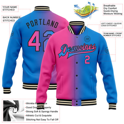 Custom Powder Blue Pink-Black Bomber Full-Snap Varsity Letterman Gradient Fashion Jacket