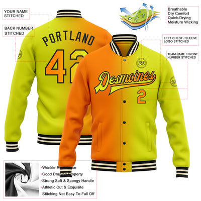 Custom Neon Yellow Bay Orange-Black Bomber Full-Snap Varsity Letterman Gradient Fashion Jacket