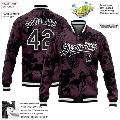 Custom Burgundy Black-White Plant And Flower 3D Pattern Design Bomber Full-Snap Varsity Letterman Jacket