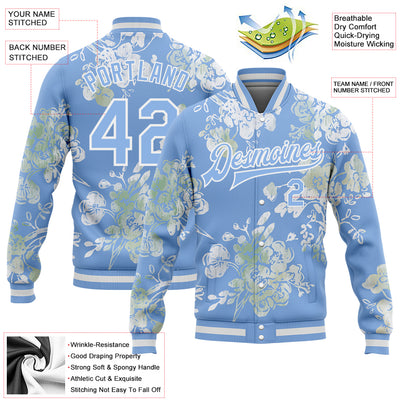 Custom Light Blue White Plant And Flower 3D Pattern Design Bomber Full-Snap Varsity Letterman Jacket