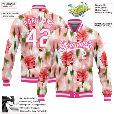 Custom Pink White Fuzzy Rose Art 3D Pattern Design Bomber Full-Snap Varsity Letterman Jacket