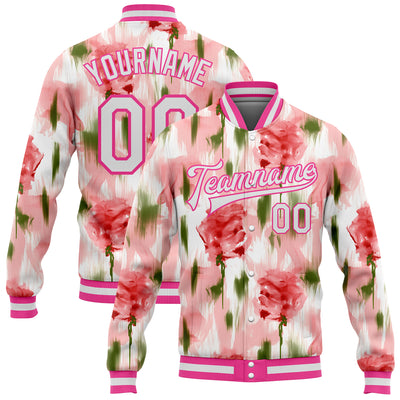 Custom Pink White Fuzzy Rose Art 3D Pattern Design Bomber Full-Snap Varsity Letterman Jacket