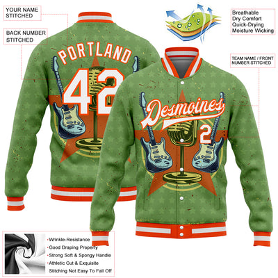 Custom Green White-Orange Guitar Music Festival 3D Pattern Design Bomber Full-Snap Varsity Letterman Jacket