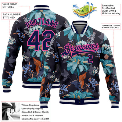 Custom Navy Pink Flowers 3D Pattern Design Bomber Full-Snap Varsity Letterman Jacket