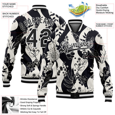 Custom Black White Floral Wave 3D Pattern Design Bomber Full-Snap Varsity Letterman Jacket