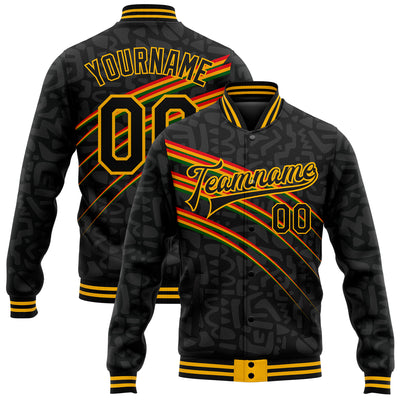 Custom Black Gold Black History Month 3D Pattern Design Bomber Full-Snap Varsity Letterman Jacket