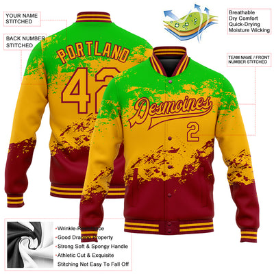 Custom Green Gold-Crimson Black History Month 3D Pattern Design Bomber Full-Snap Varsity Letterman Jacket