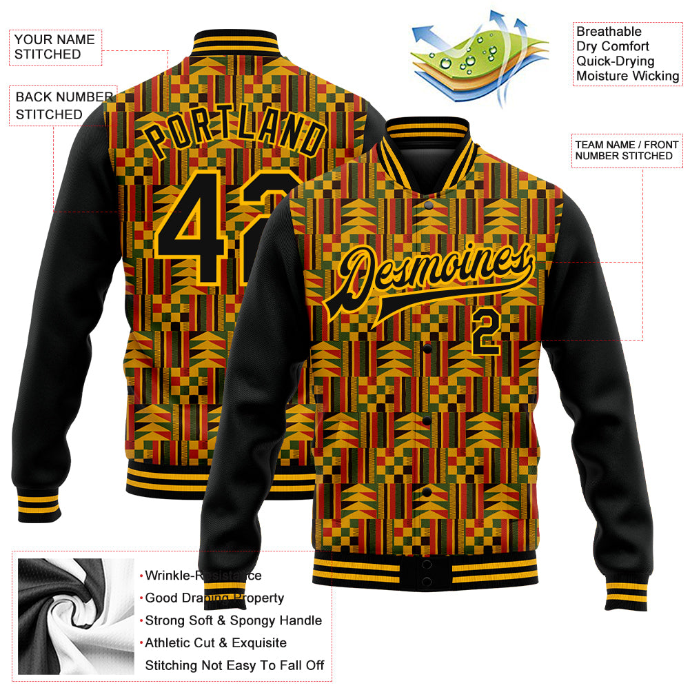 Custom Black Gold Red-Kelly Green Black History Month 3D Pattern Design Bomber Full-Snap Varsity Letterman Jacket