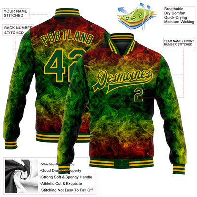 Custom Red Green-Gold Black History Month 3D Pattern Design Bomber Full-Snap Varsity Letterman Jacket