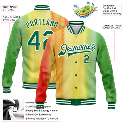 Custom Gold Kelly Green-Red Black History Month 3D Pattern Design Bomber Full-Snap Varsity Letterman Jacket