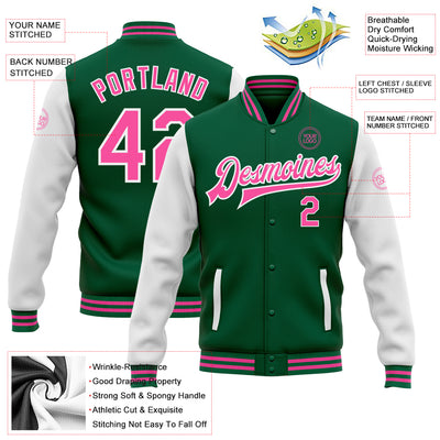 Custom Kelly Green Pink-White Bomber Full-Snap Varsity Letterman Two Tone Jacket