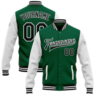 Custom Kelly Green Black-White Bomber Full-Snap Varsity Letterman Two Tone Jacket