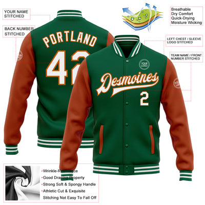 Custom Kelly Green White-Texas Orange Bomber Full-Snap Varsity Letterman Two Tone Jacket