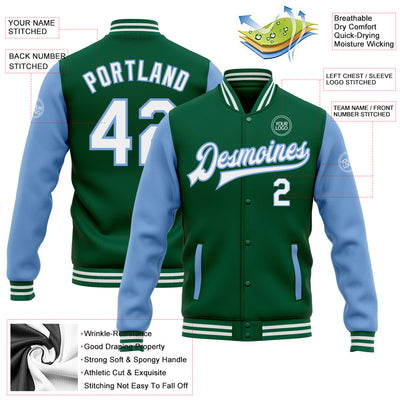 Custom Kelly Green White-Light Blue Bomber Full-Snap Varsity Letterman Two Tone Jacket