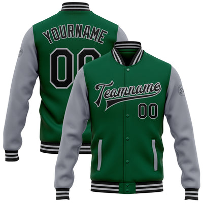 Custom Kelly Green Black-Gray Bomber Full-Snap Varsity Letterman Two Tone Jacket