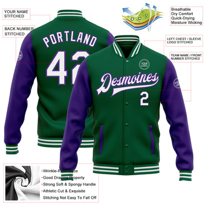 Custom Kelly Green White-Purple Bomber Full-Snap Varsity Letterman Two Tone Jacket