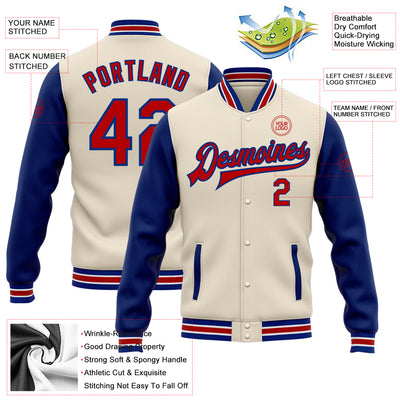 Custom Cream Red-Royal Bomber Full-Snap Varsity Letterman Two Tone Jacket