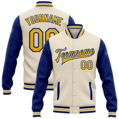 Custom Cream Yellow-Royal Bomber Full-Snap Varsity Letterman Two Tone Jacket