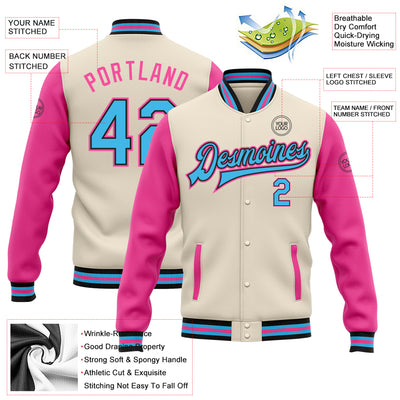 Custom Cream Sky Blue Black-Pink Bomber Full-Snap Varsity Letterman Two Tone Jacket