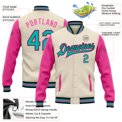 Custom Cream Aqua Black-Pink Bomber Full-Snap Varsity Letterman Two Tone Jacket