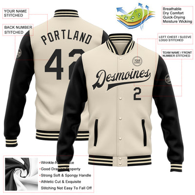 Custom Cream Black Bomber Full-Snap Varsity Letterman Two Tone Jacket