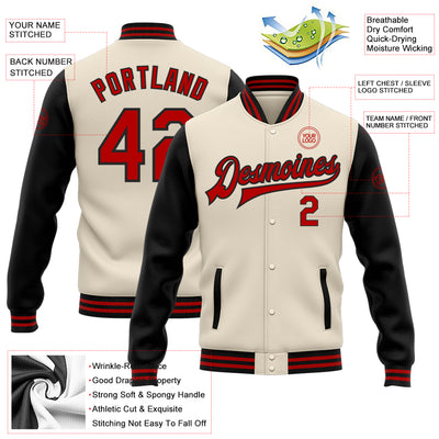 Custom Cream Red-Black Bomber Full-Snap Varsity Letterman Two Tone Jacket