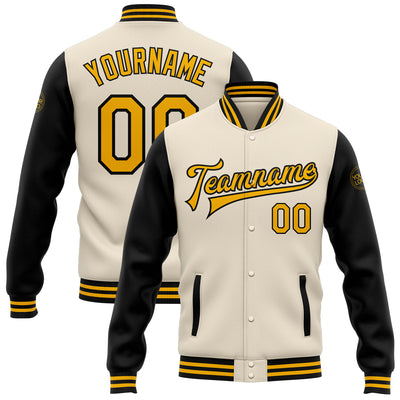 Custom Cream Gold-Black Bomber Full-Snap Varsity Letterman Two Tone Jacket